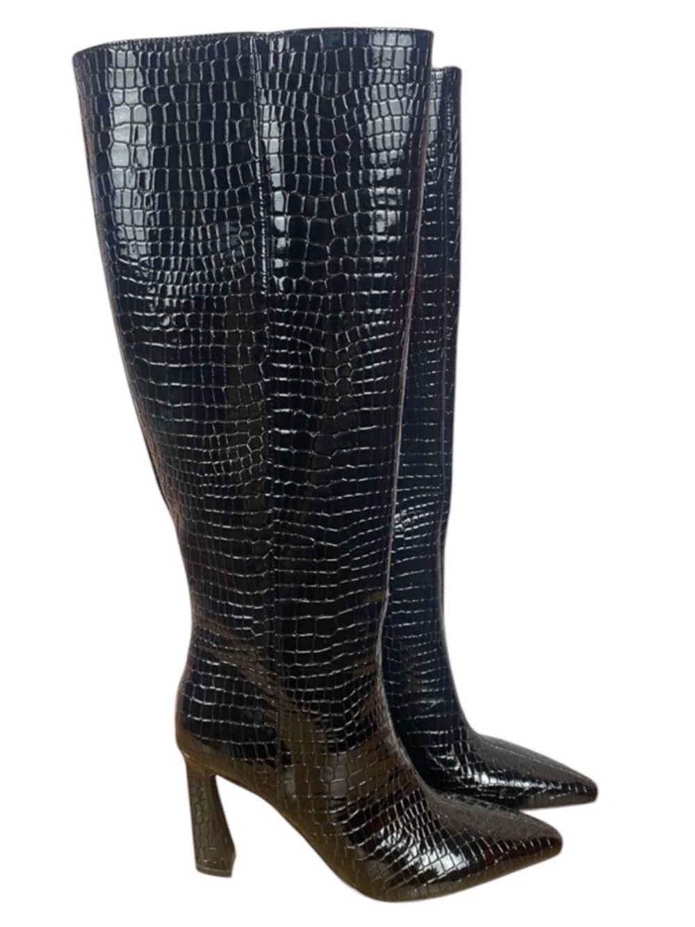 Steve Madden Black Croc-Embossed Faux Leather High Heel Knee-High Boots Sz 7.5 - Picture 3 of 15